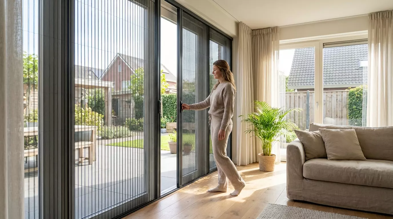 Raamdecoratie 6 voordelen van een plisse hordeur bij schuifpuien en brede deuropeningen.