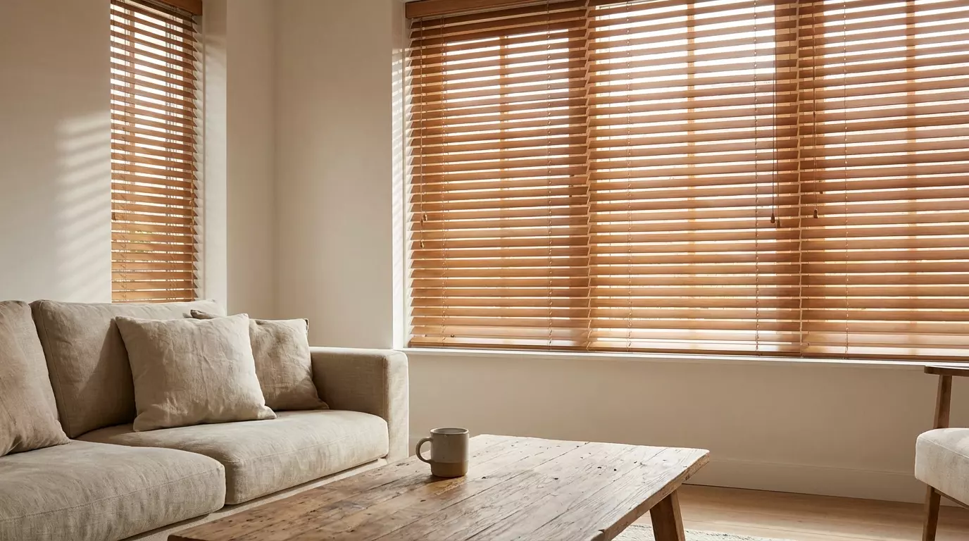 Raamdecoratie Houten jaloezieen brengen warmte in ruimtes waar sfeer direct zichtbaar is.