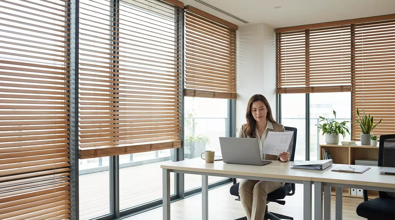 Raamdecoratie Jaloezieen maken van een kantoorraam een rustige werkplek met minder afleiding.