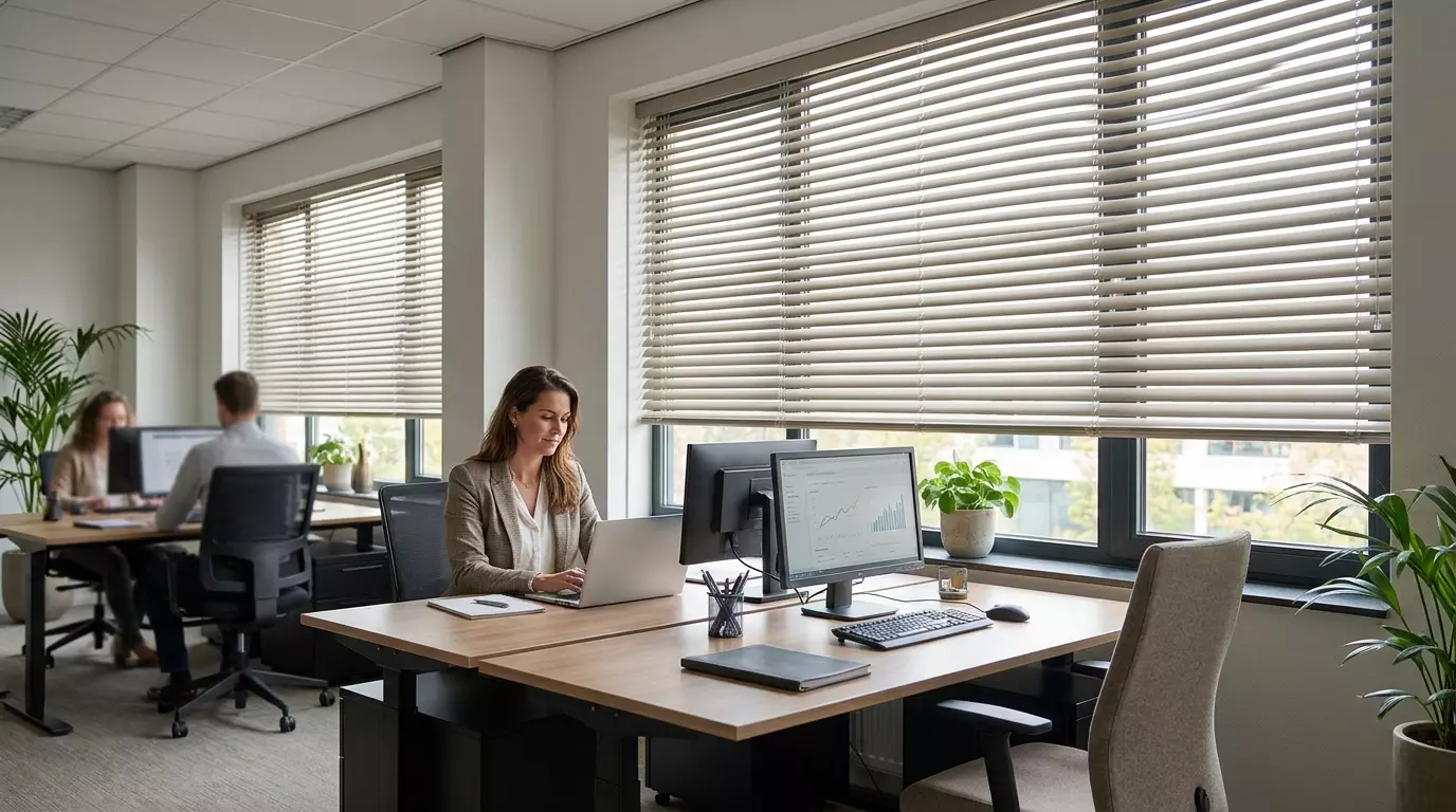Raamdecoratie Binnen zonwering voor kantoor verbetert focus, privacy en visueel comfort.
