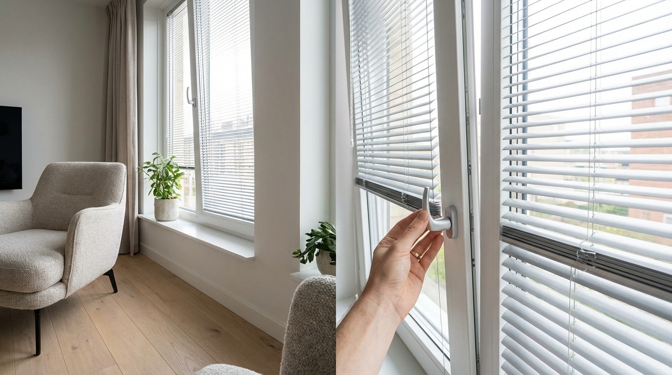 Raamdecoratie Aluminium jaloezieën met zijgeleiding