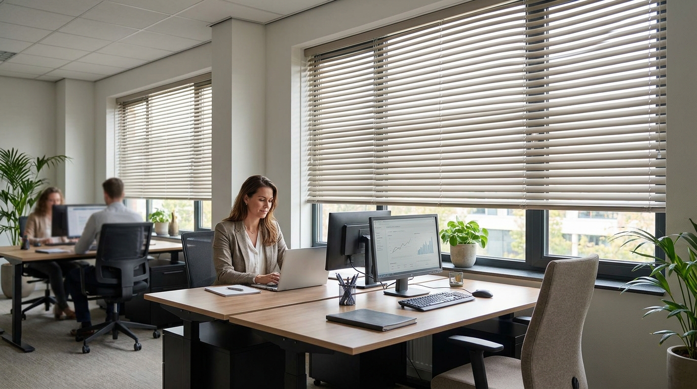 Raamdecoratie Binnen zonwering voor kantoor verbetert focus, privacy en visueel comfort.