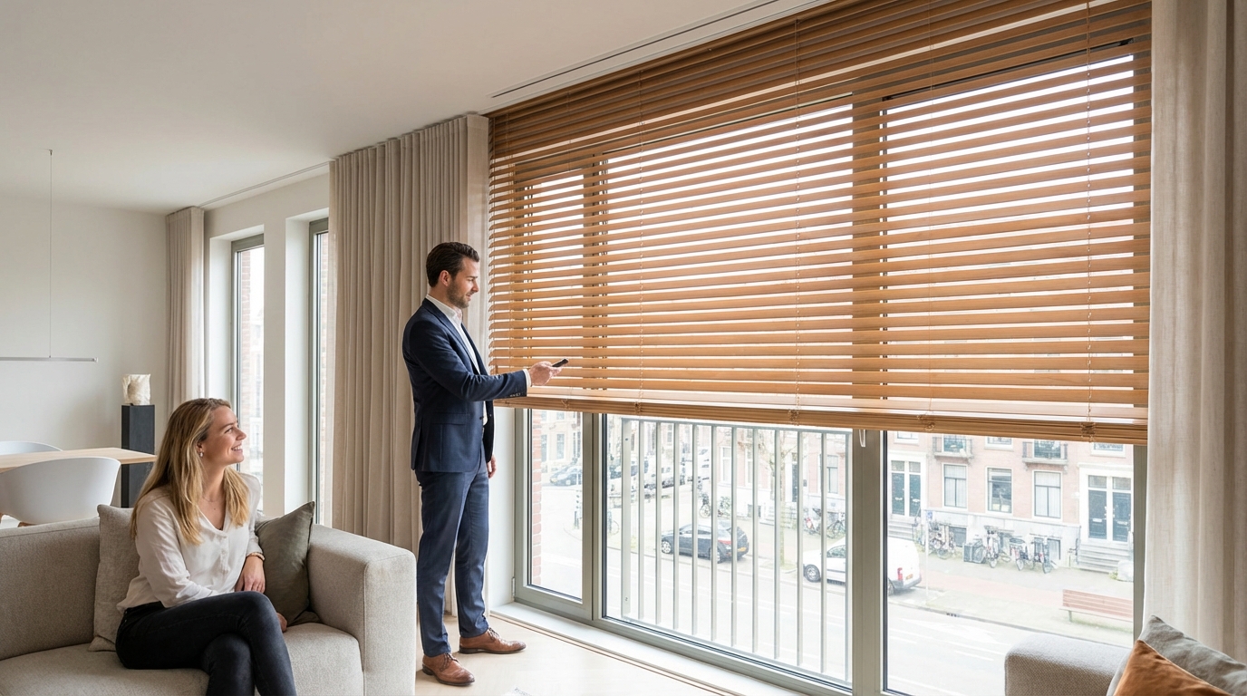 Raamdecoratie Elektrische houten jaloezieën op maat