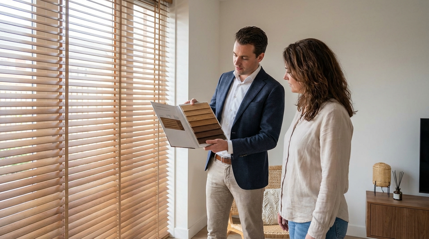 Raamdecoratie Houten jaloezieën beits