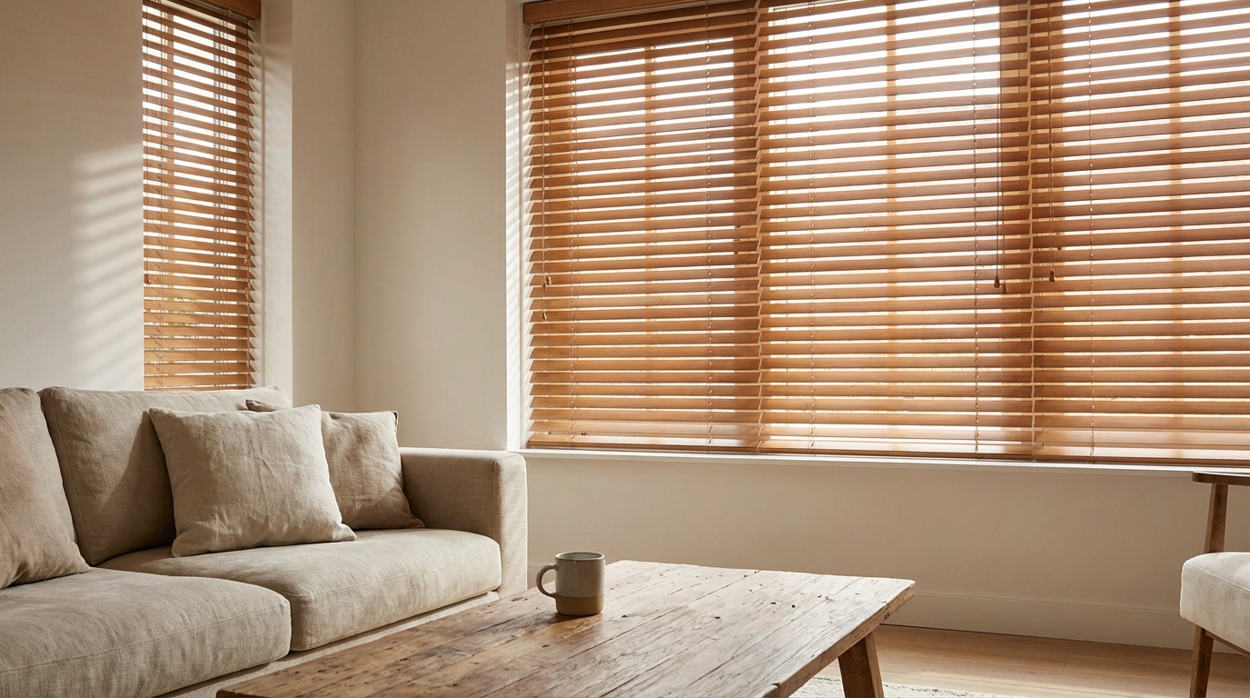Raamdecoratie Houten jaloezieen brengen warmte in ruimtes waar sfeer direct zichtbaar is.