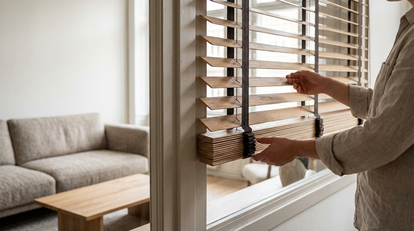Raamdecoratie Houten jaloezieën met ladderband op maat