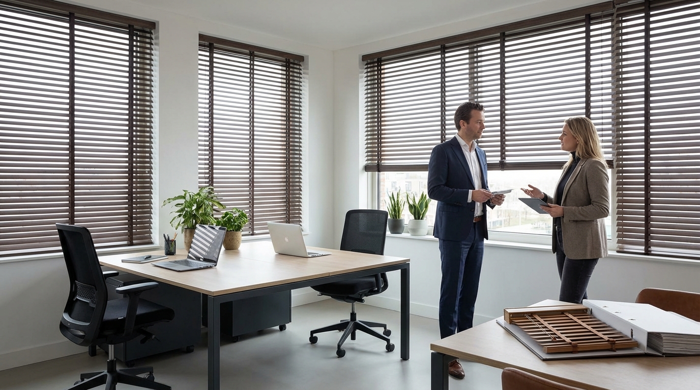 Raamdecoratie Houten jaloezieën voor kantoor