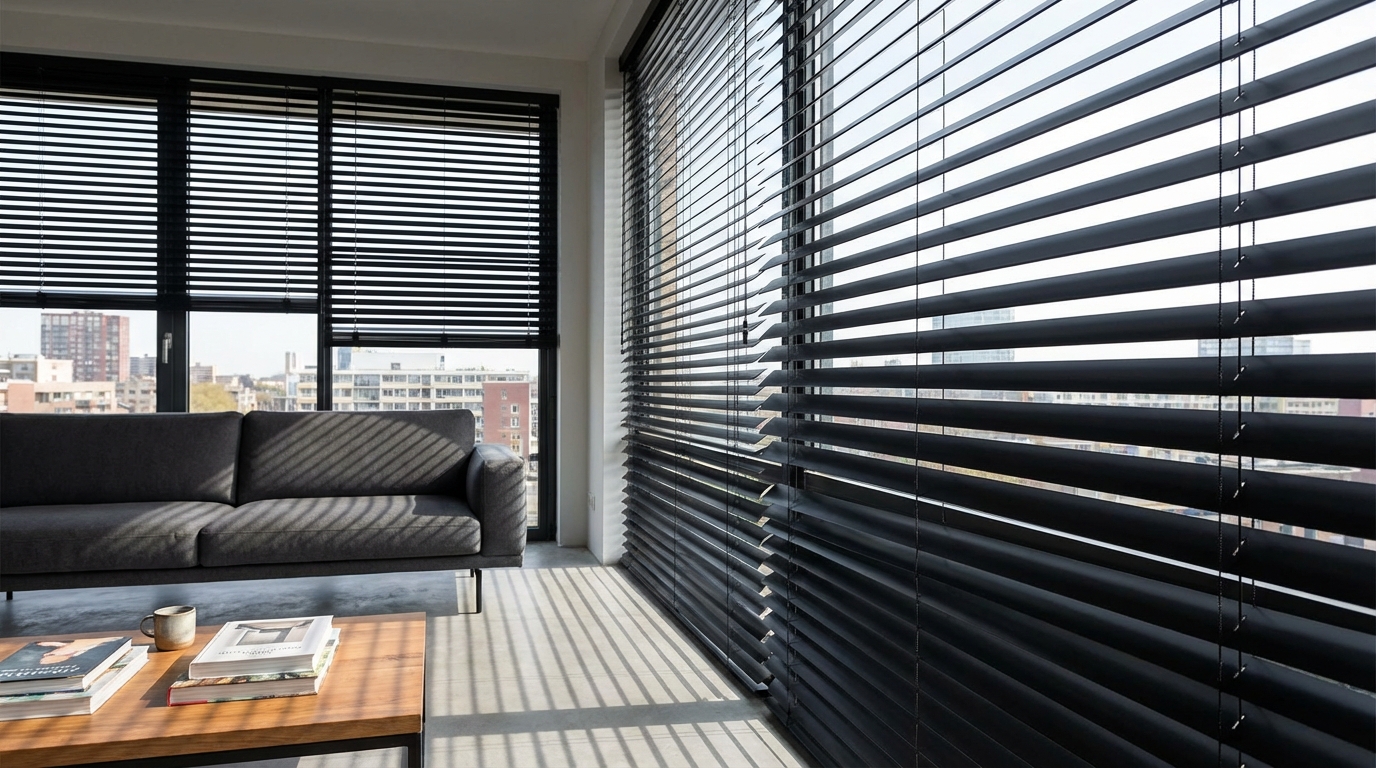 Raamdecoratie Zwarte aluminium jaloezieën