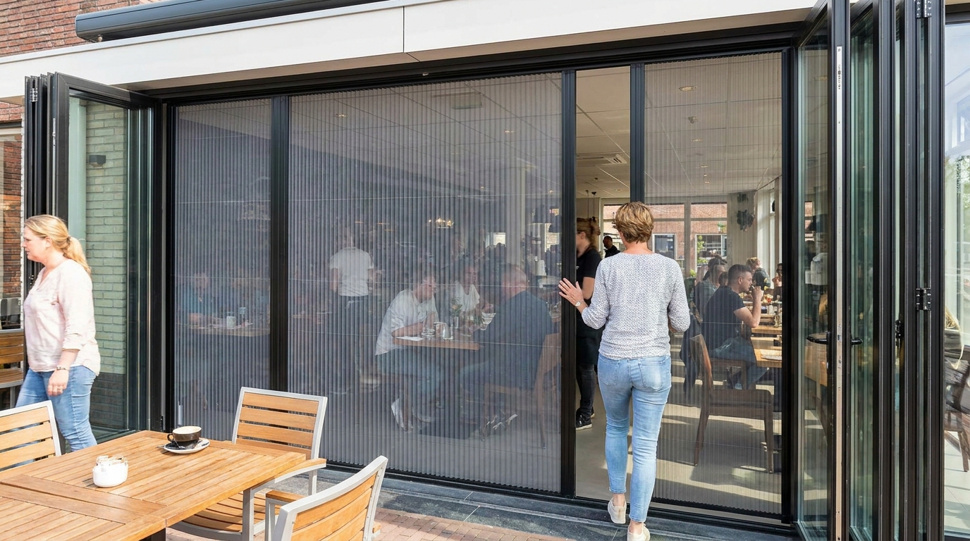 Raamdecoratie Hoe kies je horren voor horeca of winkelpanden met veel inloop en open deuren?